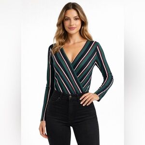 Bershka Striped V-Neck Bodysuit | Green Navy Burgundy | Size Small